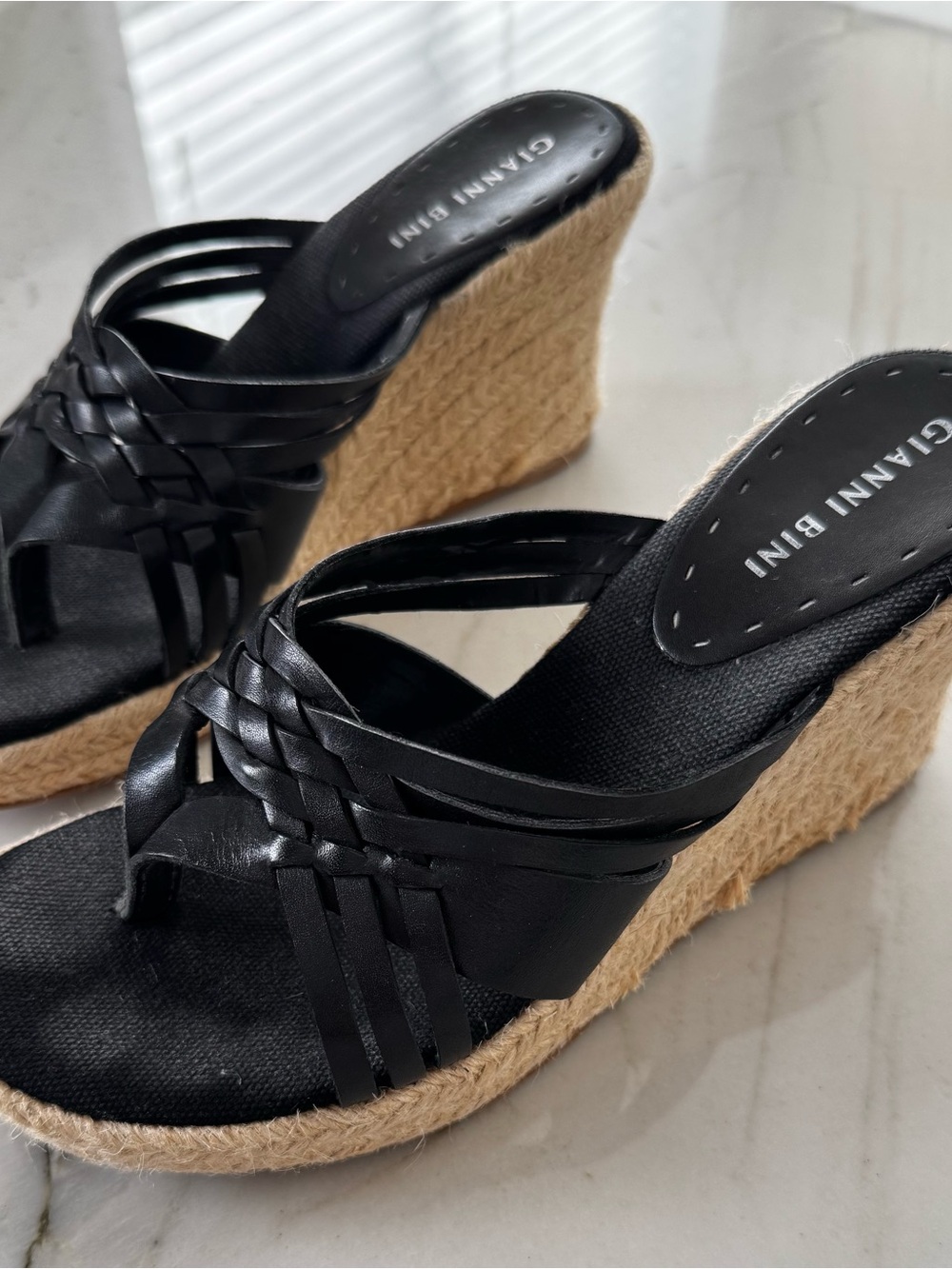 Gianni Bini Black Braided Leather Espadrille Wedge Sandals